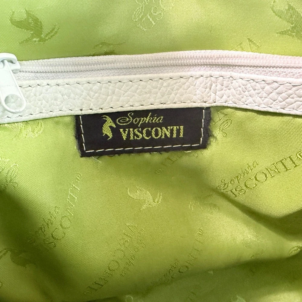 Sophia Visconti White Pebbled Leather Diamond Black Stitch Hobo Shoulder Bag - Picture 9 of 15